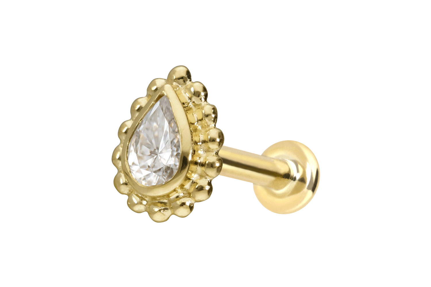 14 Karat Gold Labret Piercing mit Push Fit MOISSANIT-TROPFEN + KUGELN